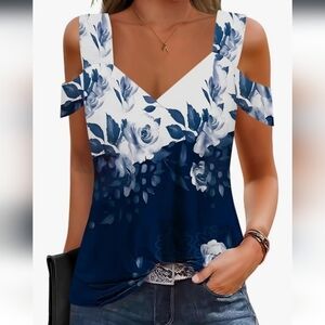 Floral Cold Shoulder Top - Blue and White